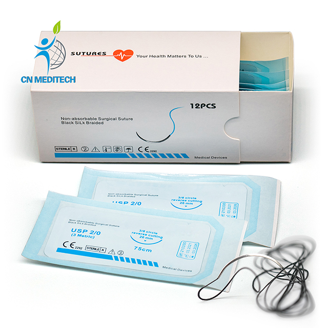 Sutures chirurgicales jetables en soie (tressées) non résorbables avec aiguille